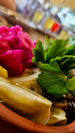 Traditional Russian Pickle Platter â Cabbage, Peppers and Herbs
Authentic selection of salted and brined vegetables including crunchy pickles, spicy jalapeÃ±os and tangy sauerkrautの写真素材