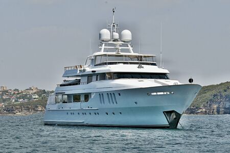 A fully equipped Australian 45 meter 90 ton plus, luxury cruising motor super yacht anchored in Sydney's North Harbour. 2013.のeditorial素材
