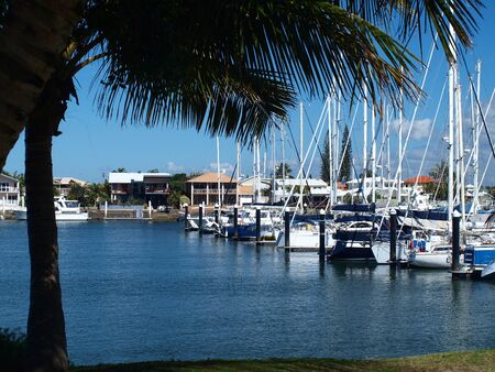 Boats berthed at a tropical waterfront marina with Palm tree and blue sky backdrop. Safe haven for sailing and cruising vessels. Mooloolaba, Queensland Australia.の写真素材