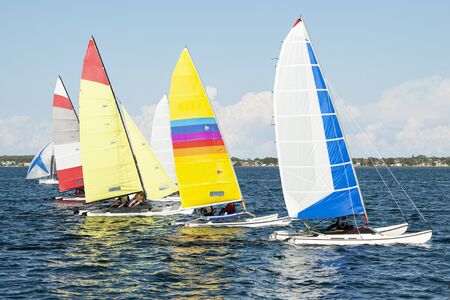 Children sailing in small colourful catamarans for fun and in competition. Close racing by young sailors on saltwater Lake Macquarie. Photo for commercial use.の写真素材
