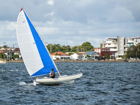 Child sailing small catamaran at speed with vivid blue and white sails for fun and in competition.