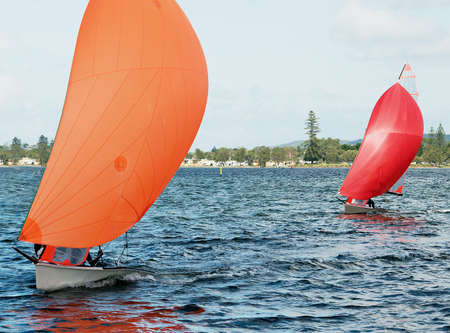 Children sailing in small colourful boats and dinghies for fun and in competition. Teamwork by junior sailors racing on saltwater Lake Macquarie. Photo for commercial use.の写真素材