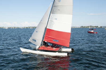 Children Sailing a catamaran sailboat. Skilled  teamwork by junior sailors racing in school championship regatta. Photo for commercial use.の写真素材