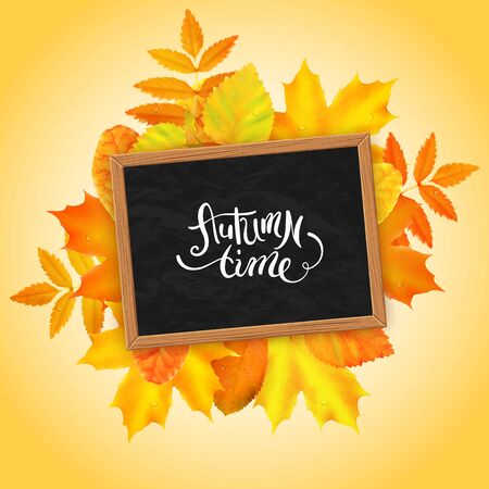 Bord Autumn time over bright leaves, vector illustrationのイラスト素材