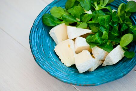 Cheese with fresh herbs on the plateの写真素材