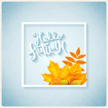 Hello autumn hand drawn lettering with bright orange leaves, vector illustrationのイラスト素材