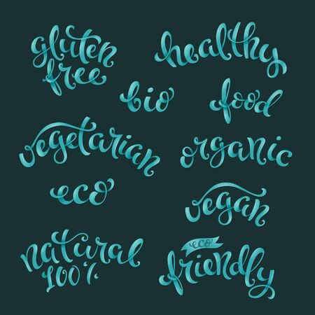 Vegan related lettering. Healthy food icons. Vector illustration.のイラスト素材