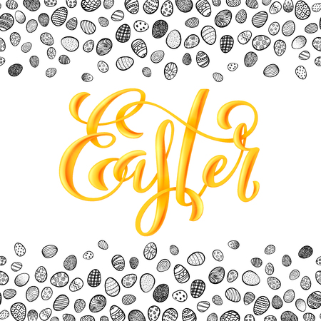 Poster with hand written Happy Easter phrases. Greeting card with easter eggs. Vector illustrationのイラスト素材