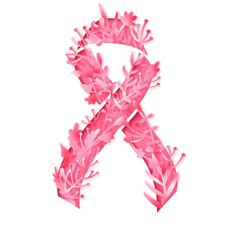 Poster with stylized pink ribbon. Symbol of breast cancer awareness month in october. Ribbon with paper flowers. Vector illustration.のイラスト素材