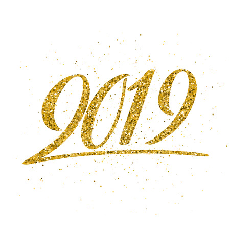 Happy New 2019 Year. Vector illustration with lettering composition. Seasonal flyers and greetings cards for Christmas holydays. Gold sparkling typography.のイラスト素材