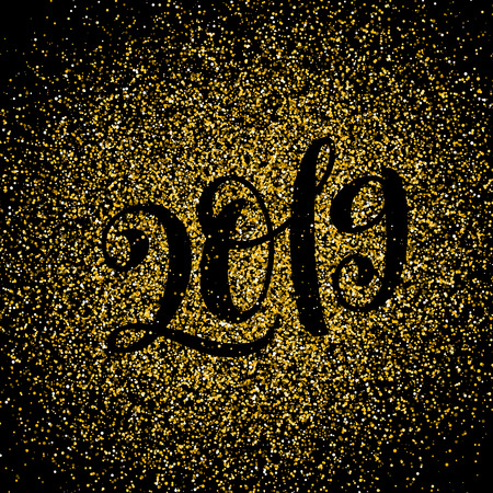 Happy New 2019 Year. Vector illustration with lettering composition. Seasonal flyers and greetings cards for Christmas holydays. Gold sparkling typography.のイラスト素材