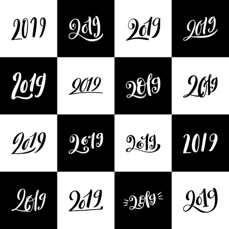 Happy New 2019 Year. Vector illustration with lettering composition. Big set of seasonal flyers and greeting cards for Christmas holydays. Seamless pattern background. Vector illustration.のイラスト素材