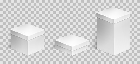 Set of 3 realistic cardboard boxes over transparent background. Set of cosmetic or medical packaging. For Software, electronic device and other products or gifts. Design template. Vector illustration.のイラスト素材