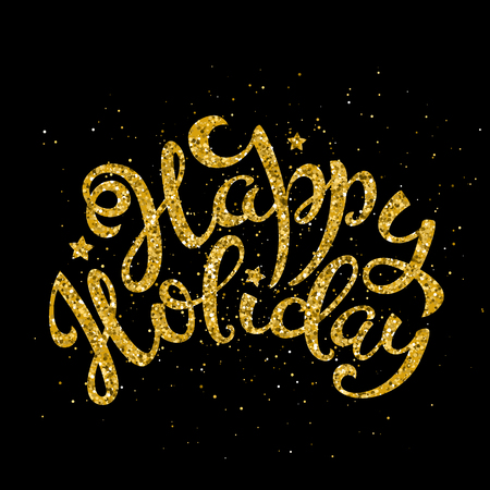 Gold happy holiday handwritten lettering. Lettering design card template for Merry Christmas and New Year. Vector illustration.のイラスト素材
