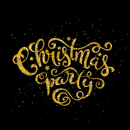 Gold Merry Christmas party handwritten lettering. Lettering design card template. Vector illustration.のイラスト素材