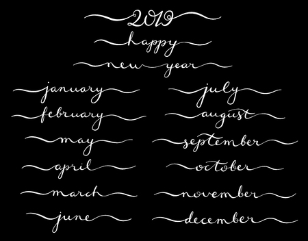 Big set of months of the year 2019. December, January, February, March, April, May, June, July, August, September, October, November handdrawn lettering for calendars. Vector illustration.のイラスト素材