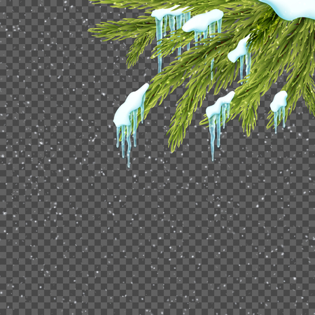 Border with relistic firtree, snow and icicles over transparent background. Winter snowfall. Design template for merry christmas. Vector illustration.のイラスト素材