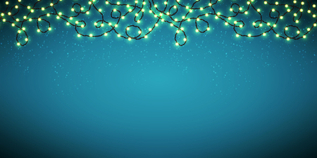 Christmas lights over snowy background. Border with realistic Xmas glowing garland and falling snow. Design template. Vector illustration.のイラスト素材