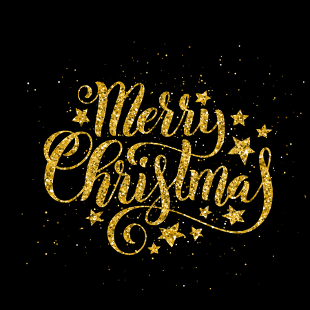 Gold Merry Christmas party handwritten lettering. Lettering design card template. Vector illustration.のイラスト素材