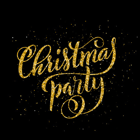 Gold Merry Christmas party handwritten lettering. Lettering design card template. Vector illustration.のイラスト素材