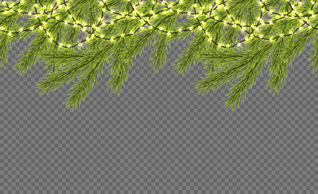 Seamless border with realistic firtree, sparkling lights and garlands over transparent background. Design template for merry christmas. Vector illustration.のイラスト素材