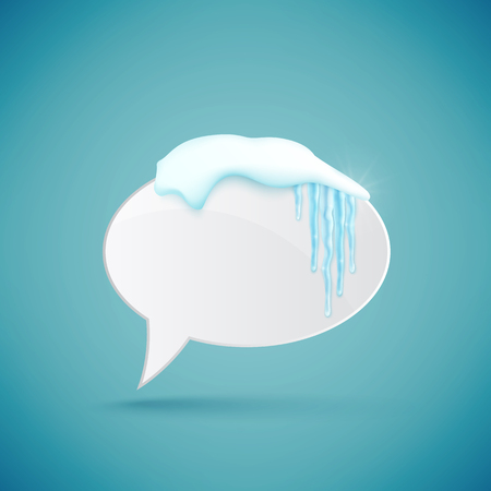 Speech bubble decorated with realistic snow and icicles. Design template for merry christmas. Vector illustration.のイラスト素材