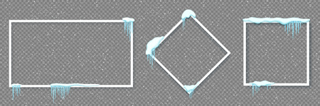 Set of frames with realistic snow and icicles. Beautiful winter template for merry christmas. Vector illustration.のイラスト素材