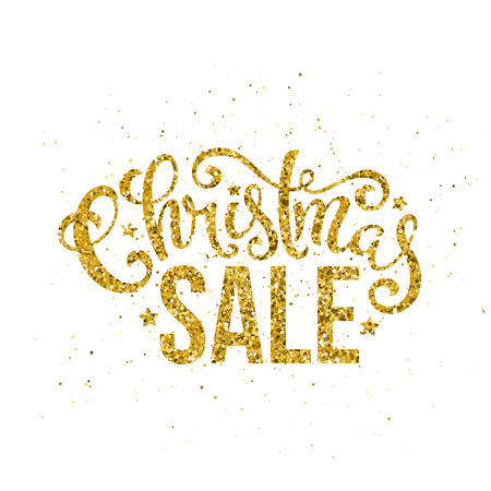 Gold Merry Christmas sale handwritten lettering. Lettering design card template. Vector illustration.のイラスト素材