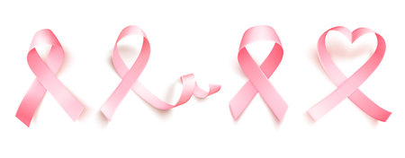 Big set of realistic pink ribbon isolated over white background. Symbol of breast cancer awareness month in october. Vector illustration.のイラスト素材