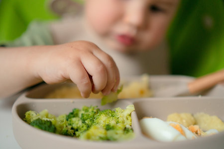 Close-up shot of small hand touching and picking at corn cereal, steamed broccoli and boiled egg. Important sensory experience during weaning period.の写真素材