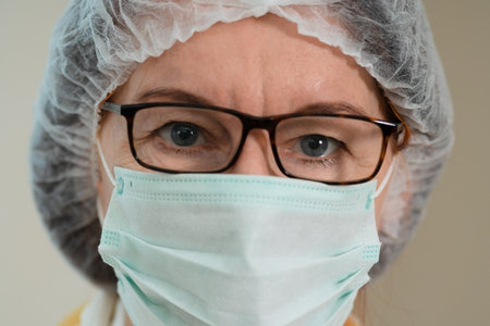 Close-up shot of a mature female medical worker in a mask and cap. Her serious look conveys trust, competence, and readiness to provide diagnosis and treatment in a sterile setting.の写真素材