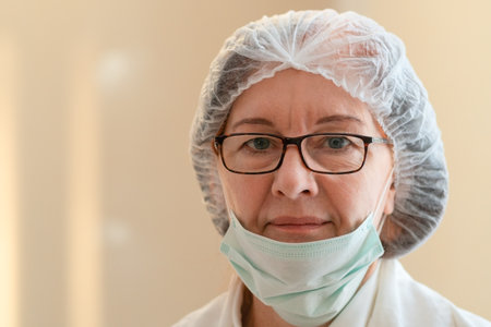An experienced female doctor with her mask lowered to the chin stares directly at the camera. The moment captures determination, care, and medical responsibility in a hospital setting.の写真素材