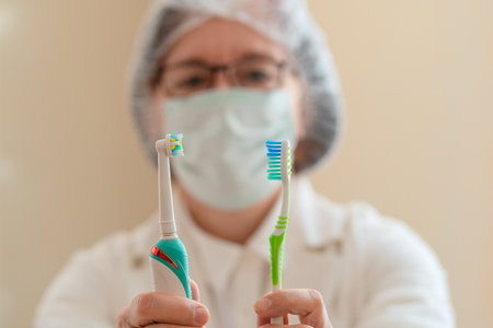 Female dental professional demonstrates two brushing tools electric and manual. A clear message on oral care, helping patients choose wisely for healthier smiles and cleaner teeth.の写真素材
