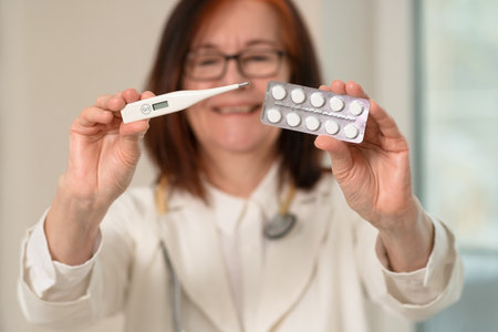 Female doctor in white uniform with stethoscope looks at camera. One hand holds a thermometer, the...