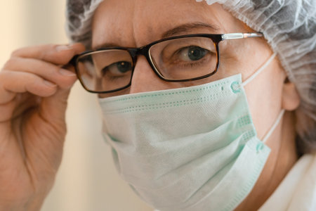 An experienced woman doctor wearing a surgical mask and cap looks directly at the camera. A moment of medical focus, responsibility, and health care readiness captured in close view.の写真素材