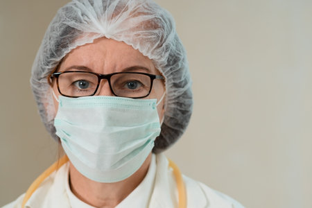 Close-up portrait of a mature female doctor wearing a medical mask and surgical cap. Her calm,...