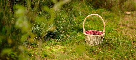 Close up horizontal banner of cranberry basket in forest. Autumn harvest, healthy berries, forest gifts, vitamins, food for jam and drinks, colorful foliage, peaceful and magical forest walk.の写真素材