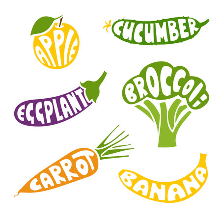 Vector icon set of fruits and vegetables with hand-drawn lettering inside their shapes. Simple illustrations of apple, broccoli, carrot, cucumber, banana, and eggplant on a white background.のイラスト素材
