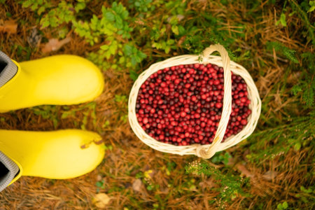 Top view of full basket with fresh cranberries in forest, next to rubber boots. Autumn harvest,...