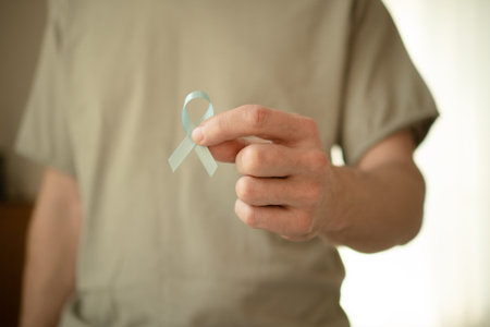Close up of a young man holding a blue satin ribbon. Concept of prostate cancer awareness in November, medical diagnosis, treatment, and support from family and community.の写真素材