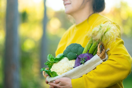 Close up of girl farmer holding basket with broccoli, cauliflower, kohlrabi, corn. Autumn farming harvest, vegetables concept, fresh organic produce, agronomist work, nutrition and healthy food.の写真素材