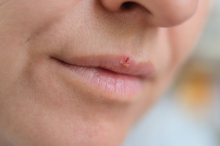 Macro of female lips with visible cold sore. Herpes infection during illness and cold. Concept of self care, treatment, and health protection.の写真素材