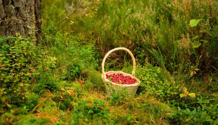 Close up of basket with fresh cranberries in forest. Autumn harvest, forest gifts, healthy berries, vitamins during illness, homemade drinks, forest walk, beautiful autumn weather, fairy forest mood.の写真素材