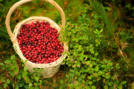 Basket full of red cranberries surrounded by autumn forest. Useful berries, vitamins, healthy harvest, forest gifts, nature walk, fresh air, calm woods, colorful foliage, beautiful autumn scene.の写真素材