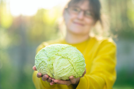 Cheerful woman farmer holding a fresh savoy cabbage during harvest. Organic vegetables, healthy food, fiber-rich diet, and seasonal farm produce. Proud of her harvest.の写真素材
