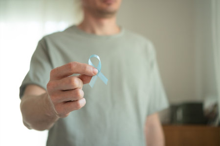 Close up of a man holding a blue ribbon in his hand. Symbol of prostate cancer awareness in November, medical help, early diagnosis, oncology care, and family support.の写真素材