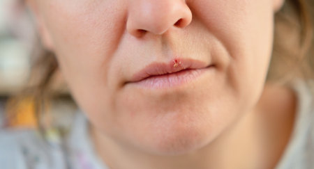 Close up of woman lips showing herpes blister caused by cold or stress. Concept of illness, health awareness, and personal hygiene.の写真素材