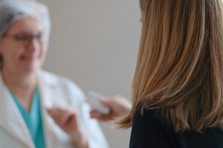 In a hospital setting, an experienced female nurse in white uniform offers medicine to a female patient seen from behind. Focus on healthcare, treatment, and patient care.の写真素材