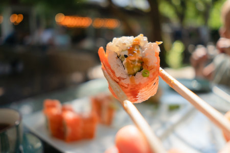 Authentic Japanese sushi roll with salmon and cucumber, held with chopsticks in a traditional restaurant setting.の写真素材