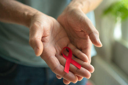 Close-up of male hands opening to reveal red satin ribbon on palm, symbolizing HIV AIDS support,...